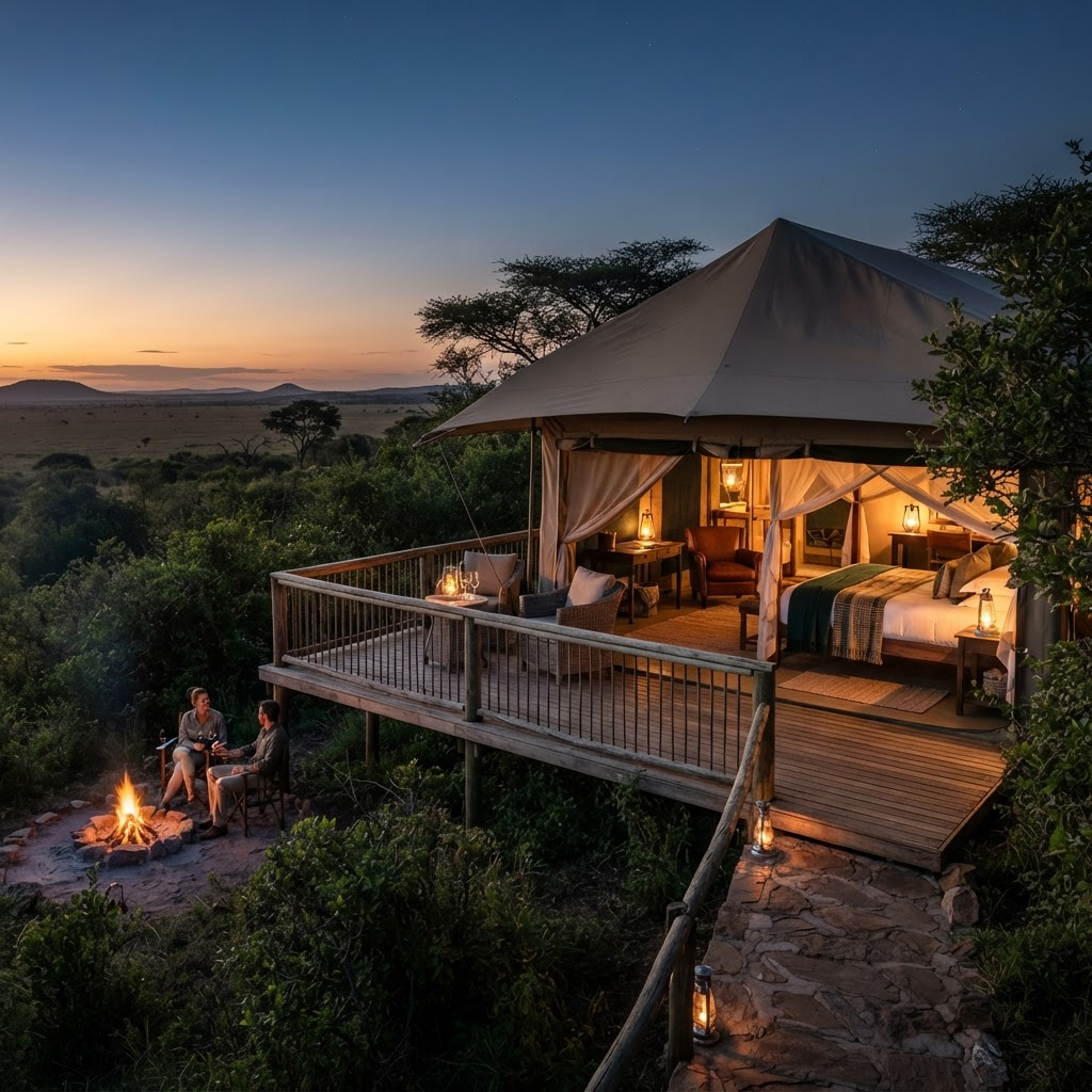 Luxury tented camp at dusk