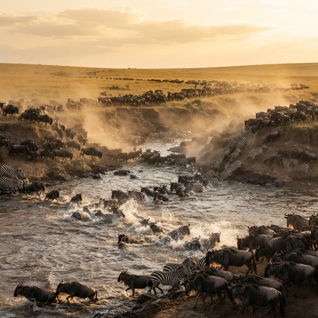 Herds of wildebeest crossing the Mara River during the Great Migration