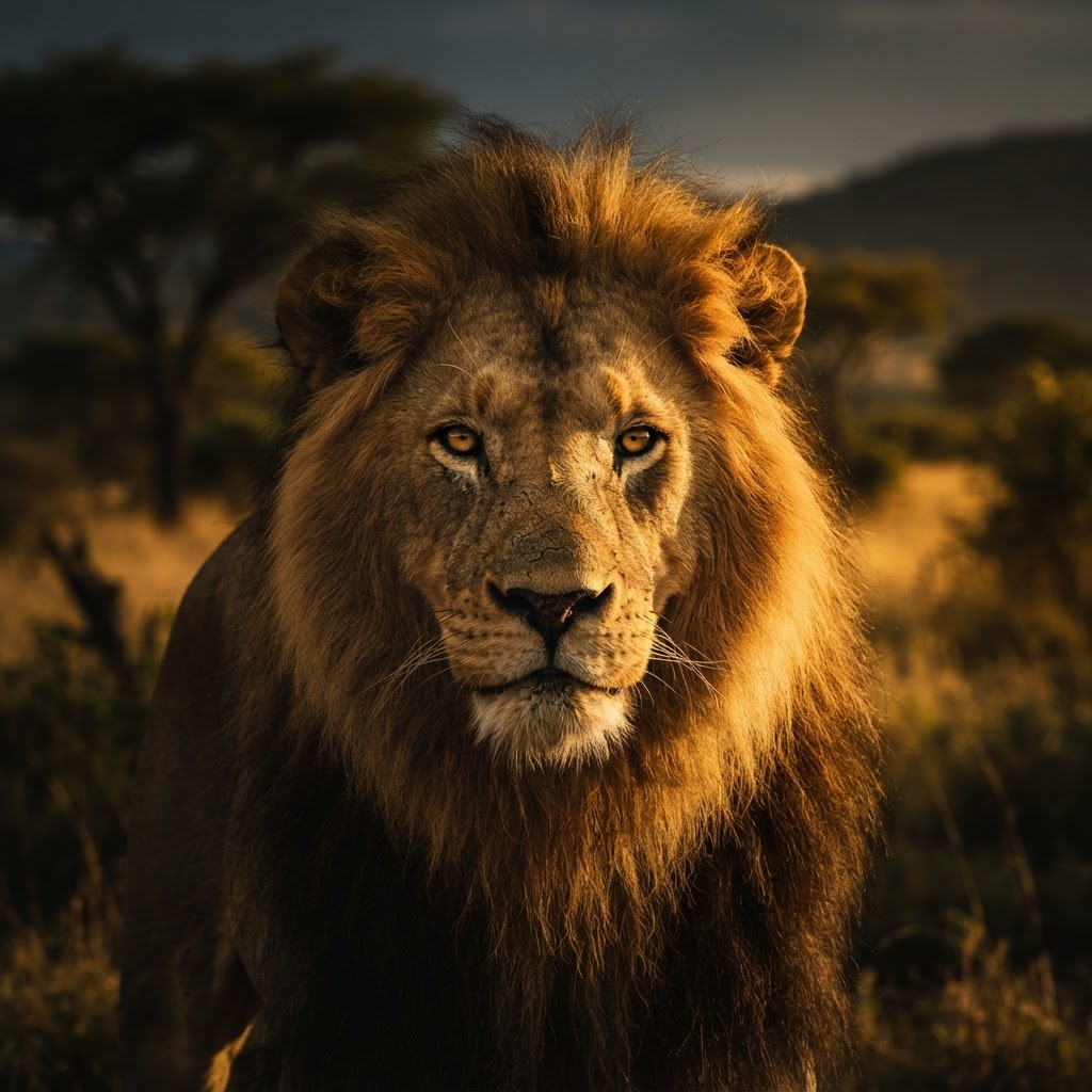 Majestic male lion with a golden mane at sunset on the African savanna